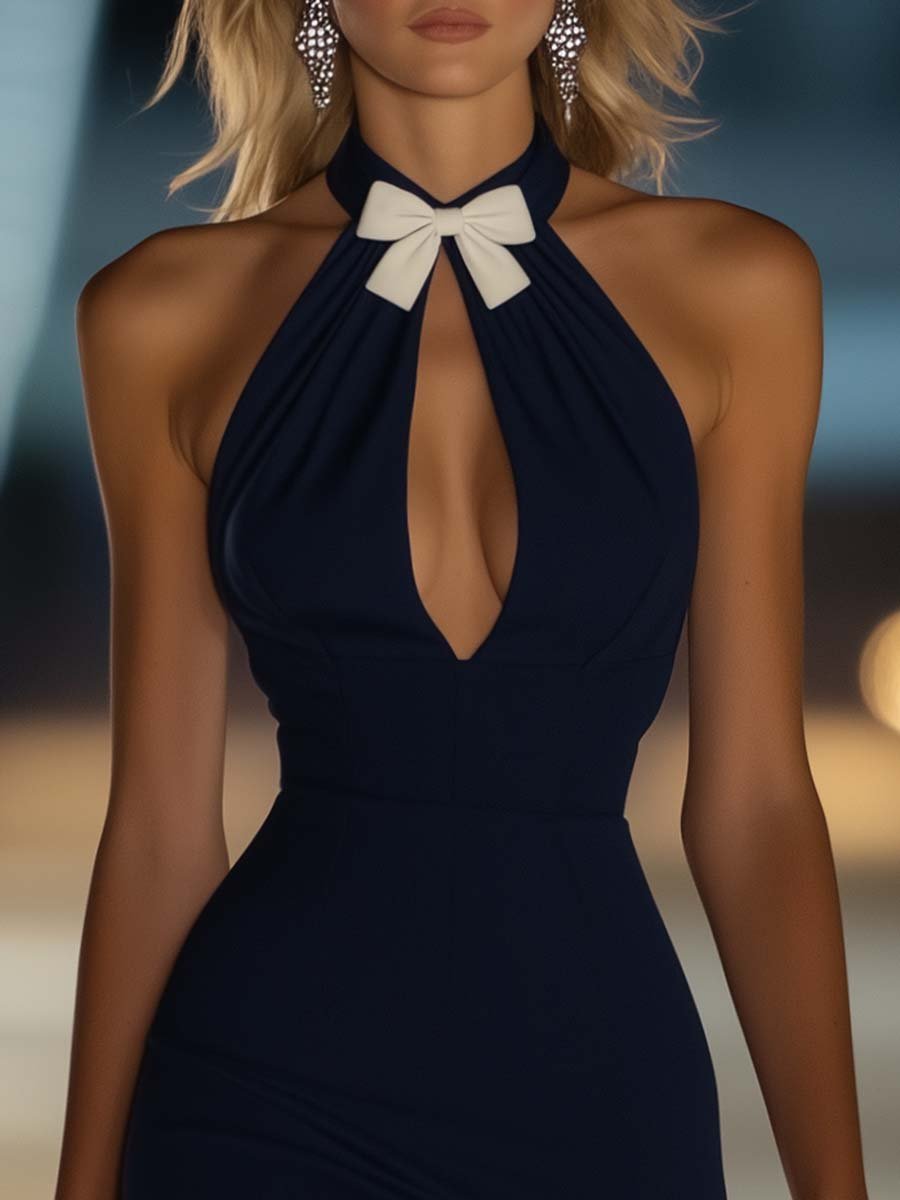 Elegant Halterneck Hollow Collar Bow-decorated Navy Blue Midi Dress