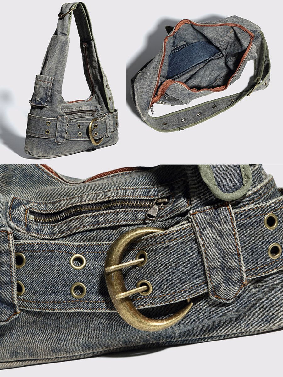 Vintage Washed Denim Shoulder Crossbody Underarm Bag