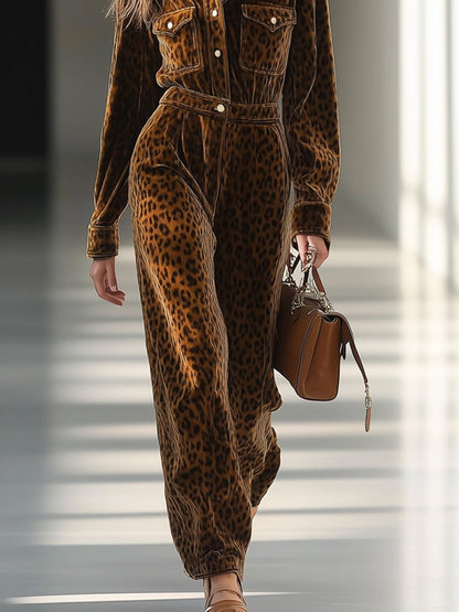 Casual Loose Retro Velvet Leopard Print Multi-Pocket Long Sleeve Jumpsuit