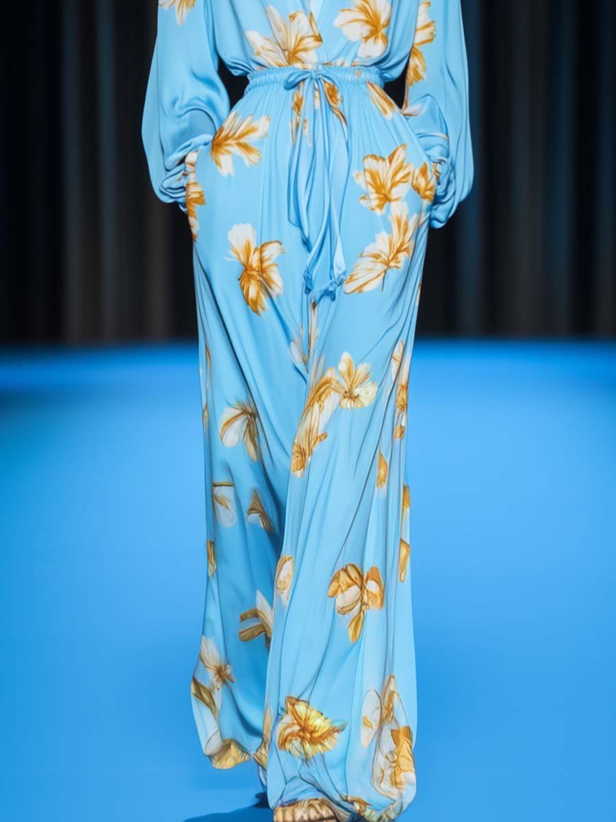 Elegant Casual Floral Print Waist Drawstring Light Blue Jumpsuit