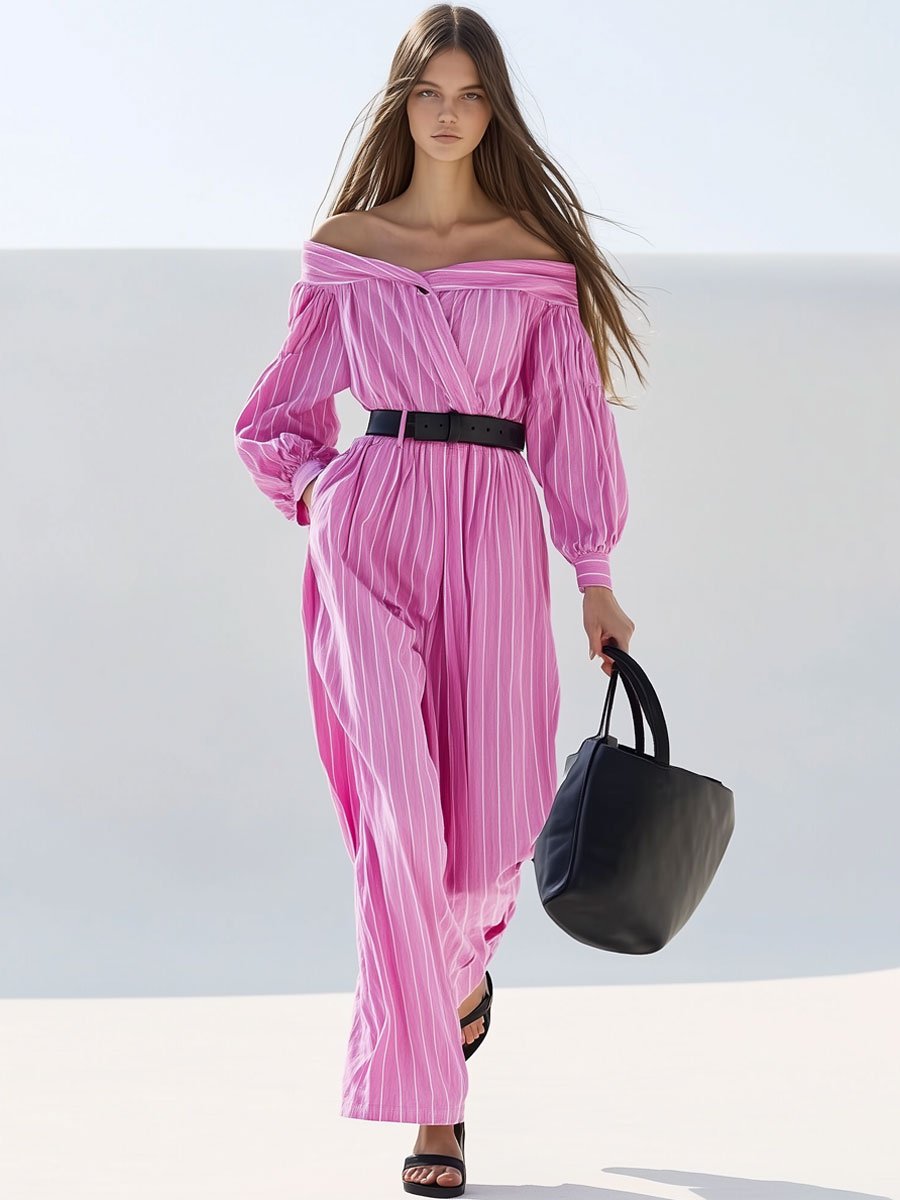 Casual Loose Retro Pink Striped Off-the-shoulder Shirt Long-sleeved Jumpsuit