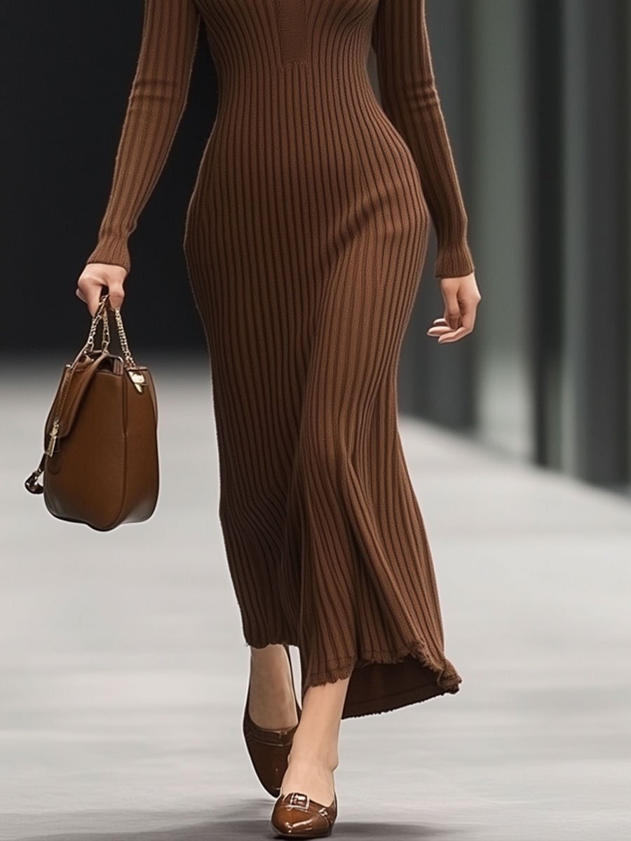 V-Neck Casual Solid Chocolate Knitted Long Sleeve Maxi Dress