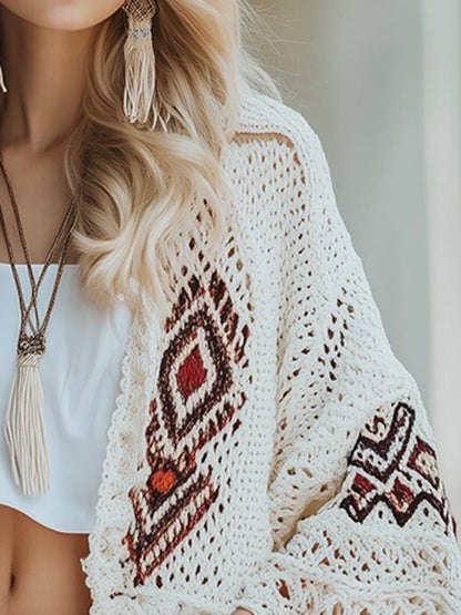 Retro And Fashionable Ethnic Style Crochet Nine-Point Sleeve Cardigan