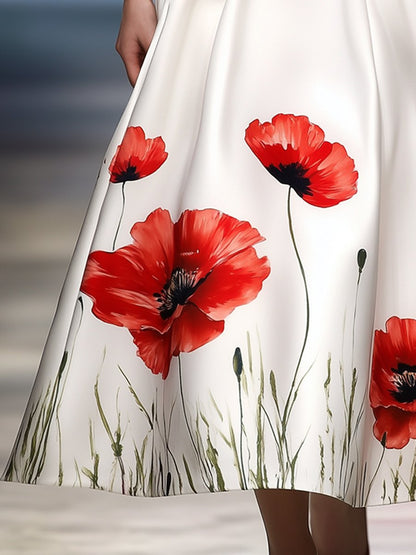 Retro And Fashionable Poppy Print A-Line Skirt