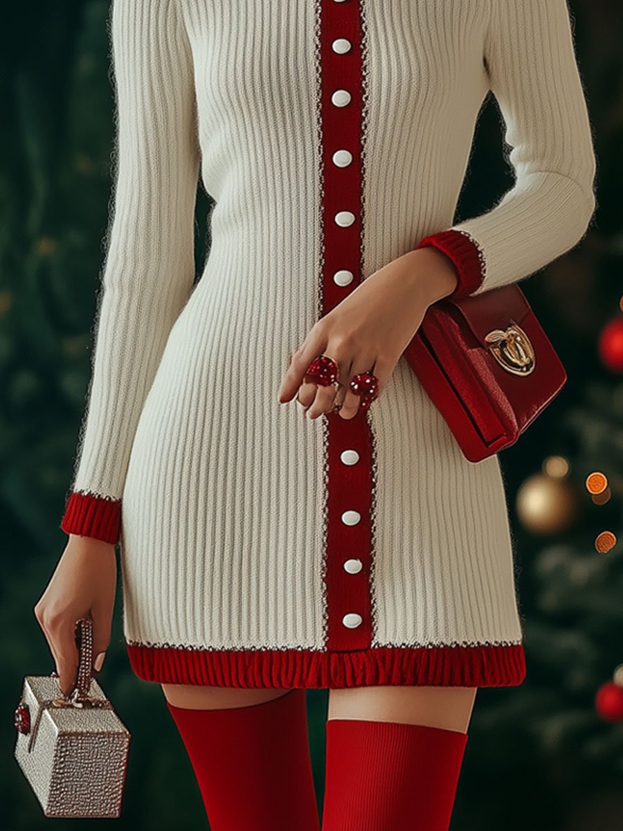 Fashion Retro Single-Breasted Red And White Wool Long-Sleeved Mini Dress