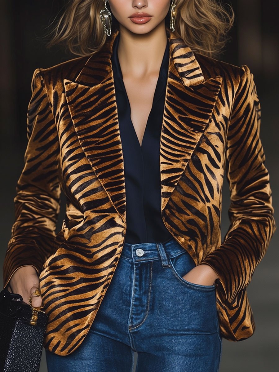 Casual Loose Vintage Velvet Zebra Print Lapel Blazer