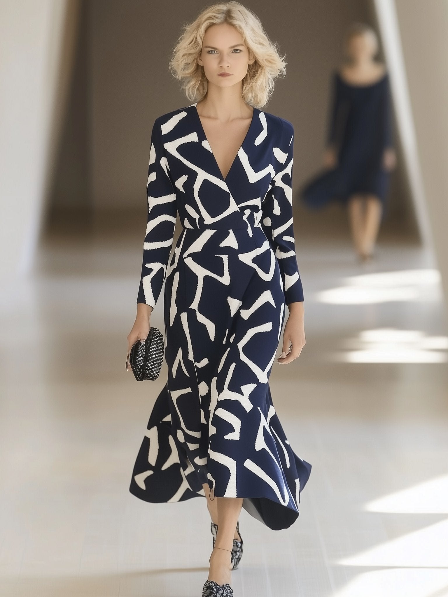 Elegant Geometric Print V-Neck Navy Blue Long Sleeve Maxi Dress