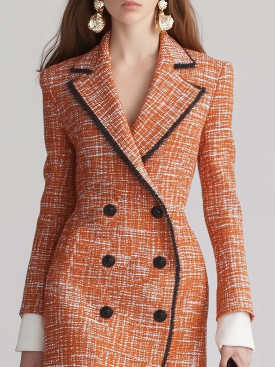 Elegant and Bright V-neck Contrasting Orange Tweed Midi Dress