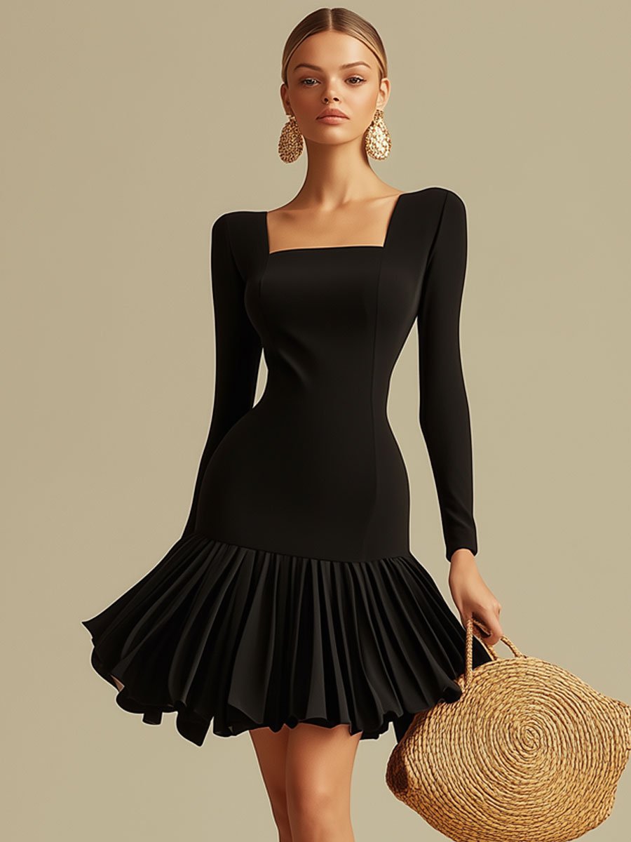 Fashion Party Black Dress Pleated Fishtail Long Sleeve Square Neck Mini Dress