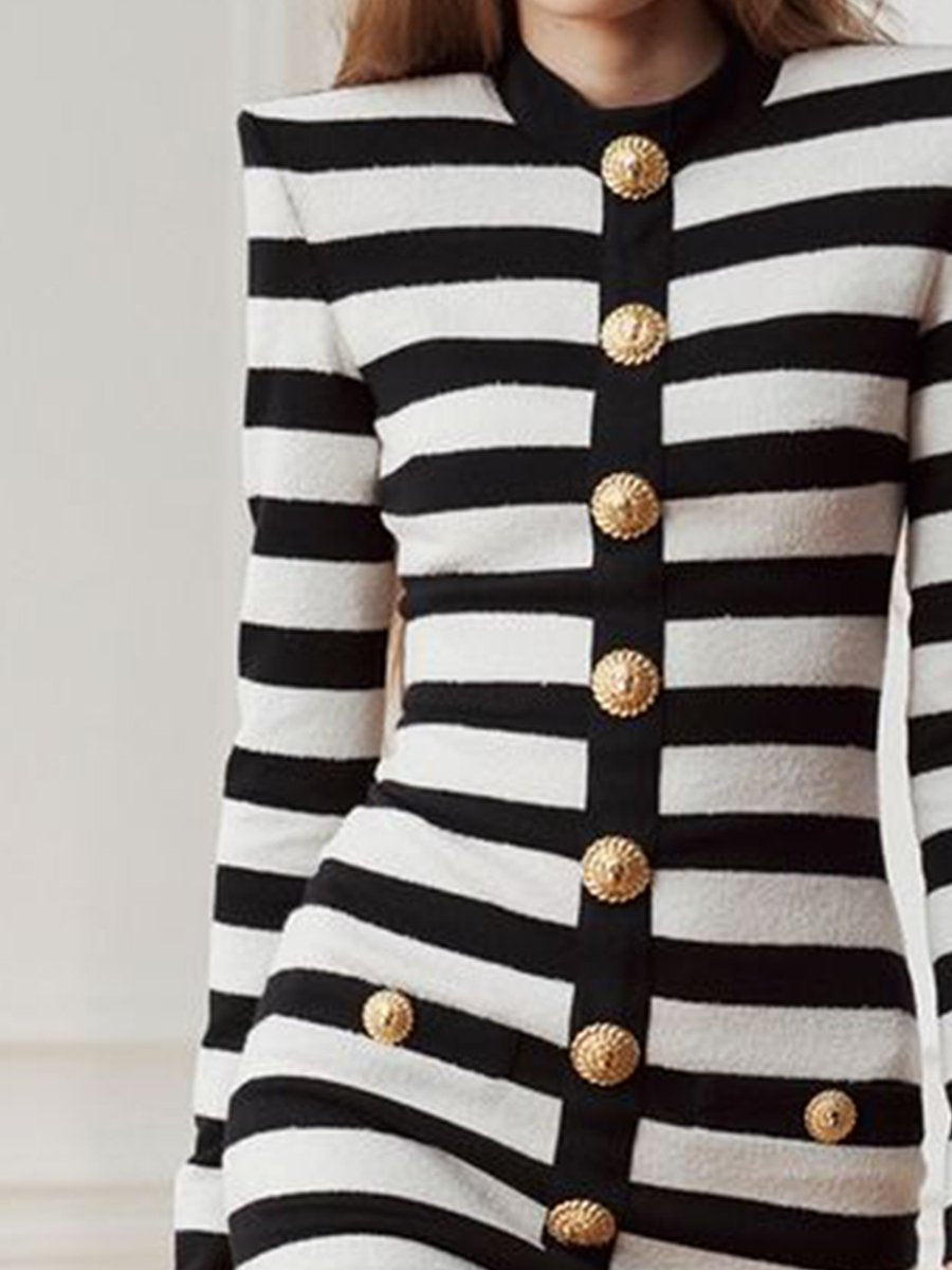 Classic Padded Shoulder Striped Long Sleeve Knit Mini Dress