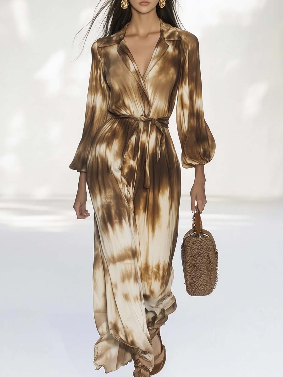 Fashionable and Casual V-neck Waist Tie Brown Tie-dye Maxi Dress