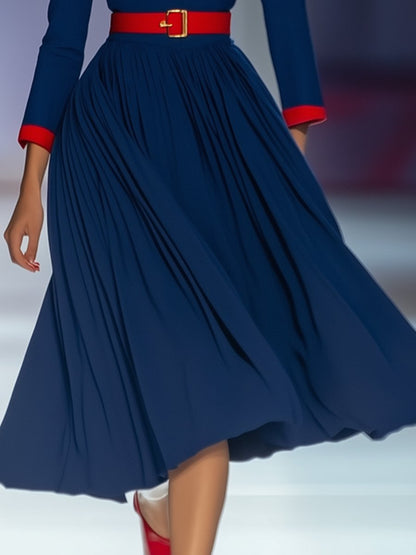 Retro Elegant Fashionable Red and Blue Contrast Midi Dress