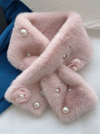 Solid Color Pearl Warm Faux Rabbit Fur Cross Scarf