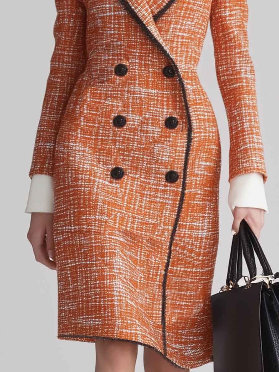 Elegant and Bright V-neck Contrasting Orange Tweed Midi Dress