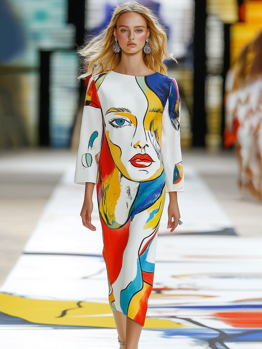 Simple And Stylish Abstract Face Print Midi Dress