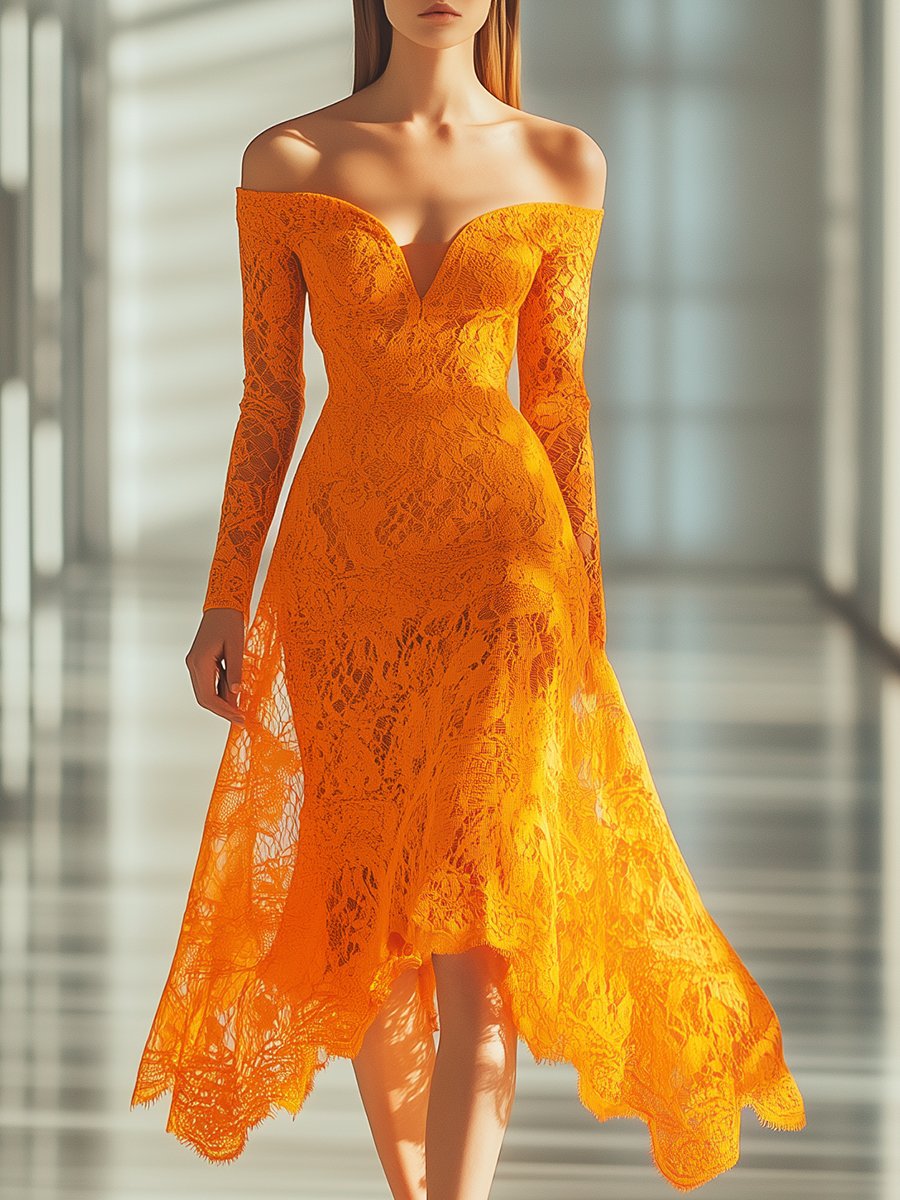 Elegant and Intellectual Orange Lace One Shoulder Long Sleeve Midi Dress