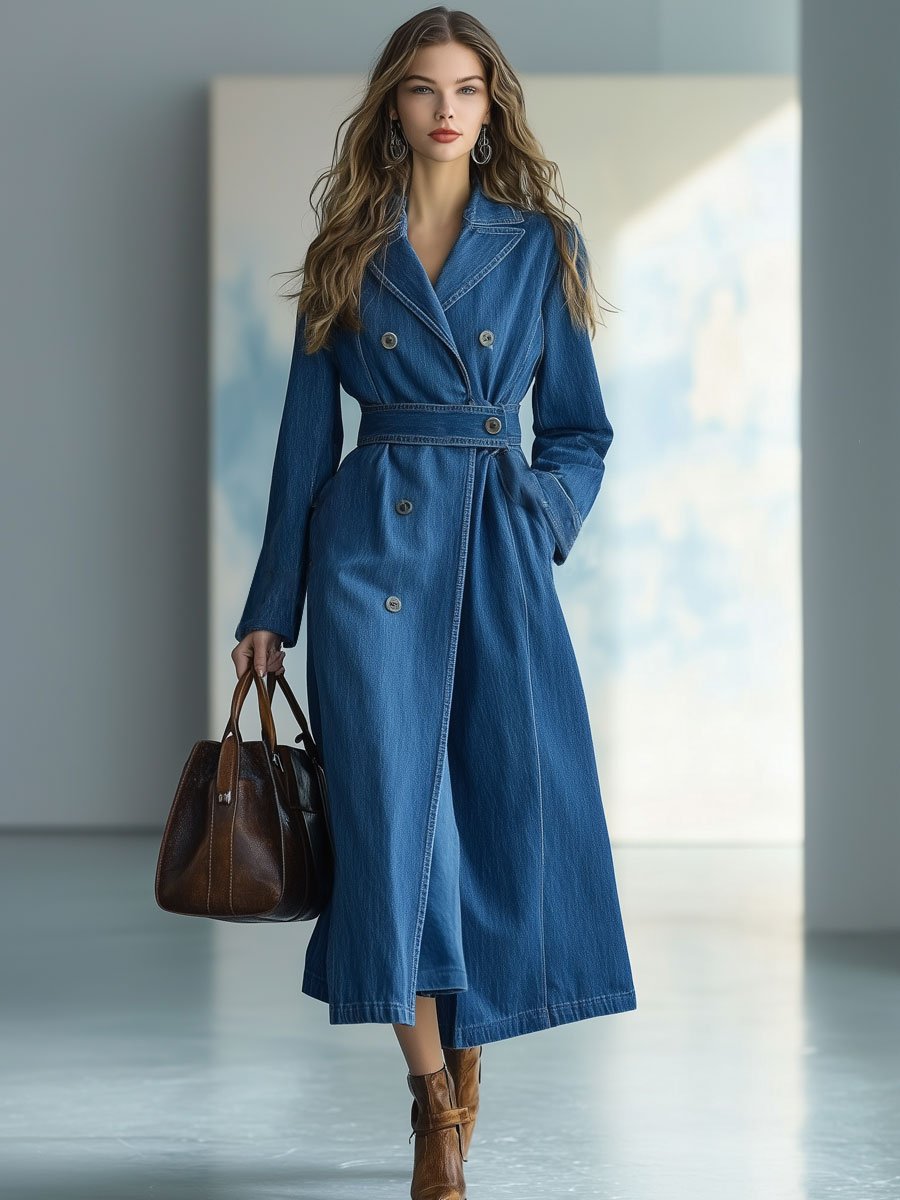 Casual Loose Retro Lapel Double-Breasted Denim Trench Coat