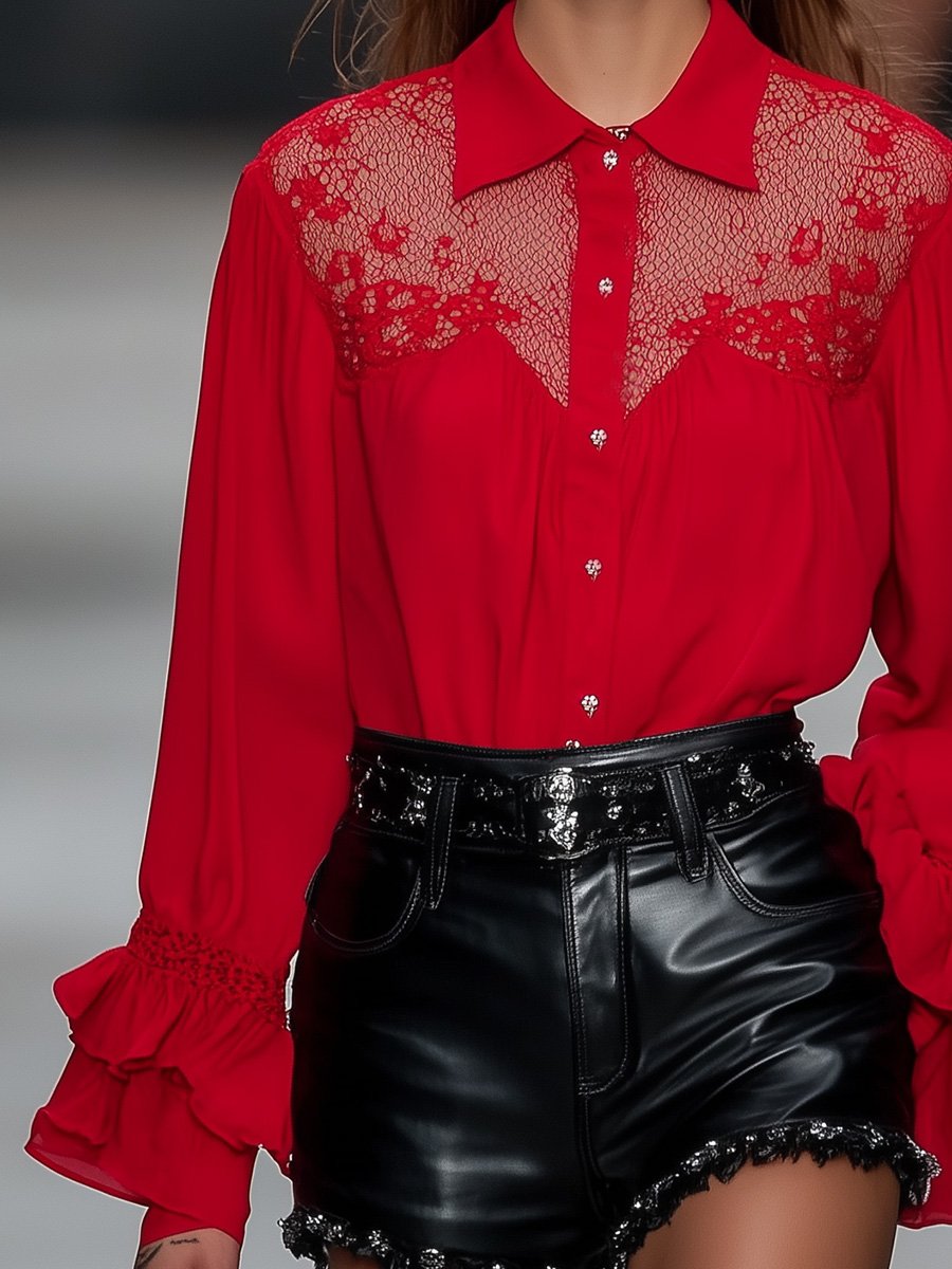 Sexy Eye-catching Chest Lace Stitching Ruffled Cuffs Red Chiffon Shirt