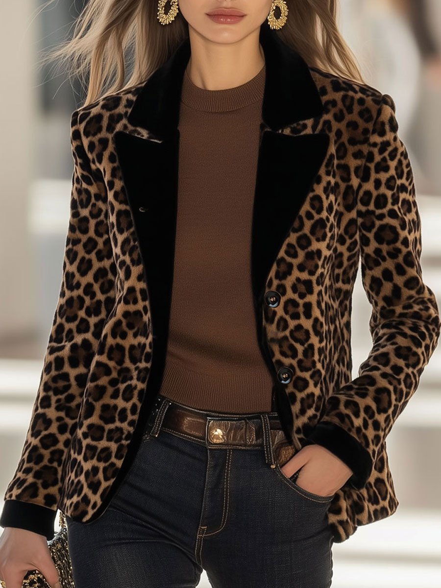 Casual Loose Vintage Velvet Leopard Print Black Trim Blazer