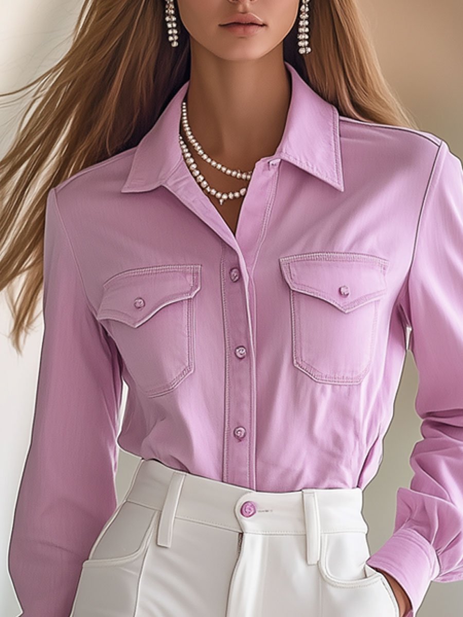 Casual Loose Pink Denim Pocket Long Sleeve Blouse