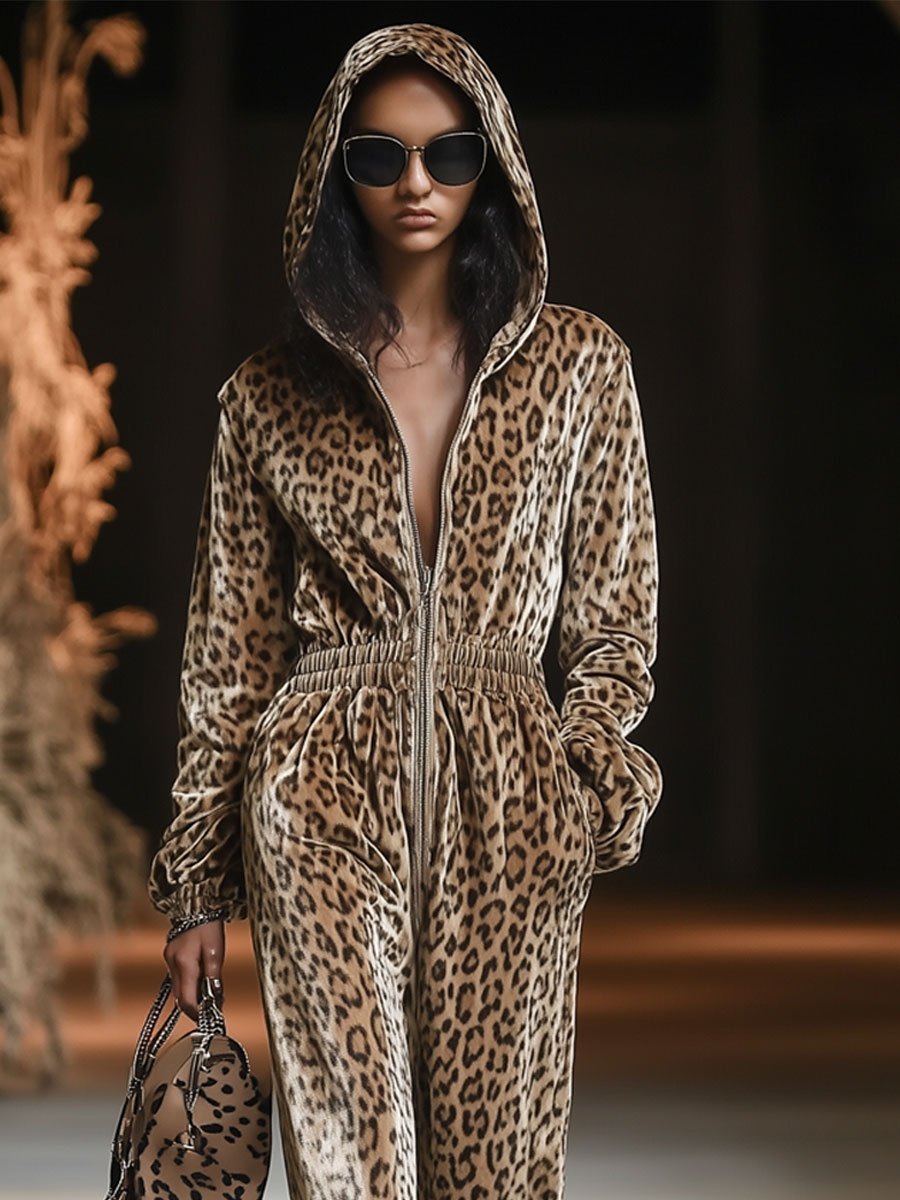 【24-hour shipping】Casual Loose Vintage Velvet Leopard Print Zipper Hooded Jumpsuit