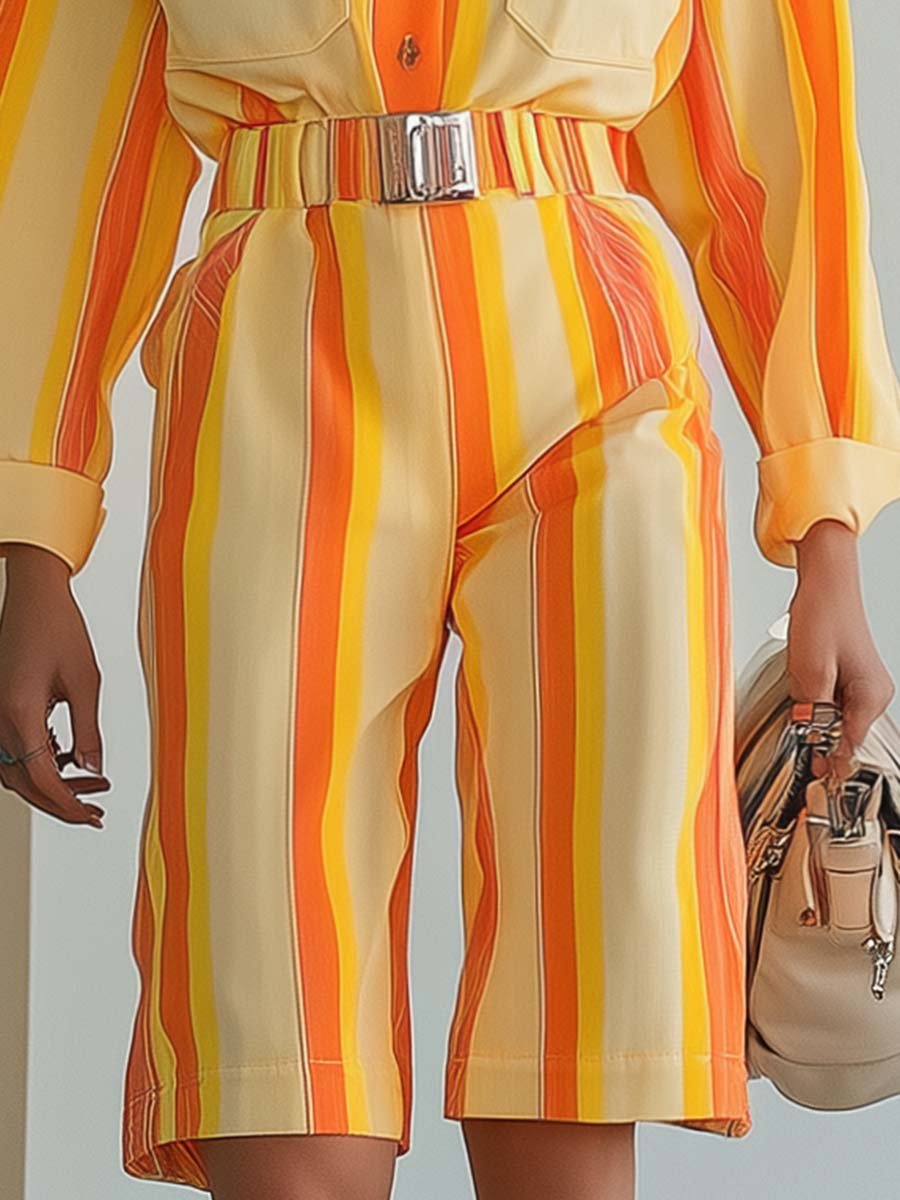 Vibrant and Fashionable Shirt Collar Orange Striped Yellow Short Jumpsuit