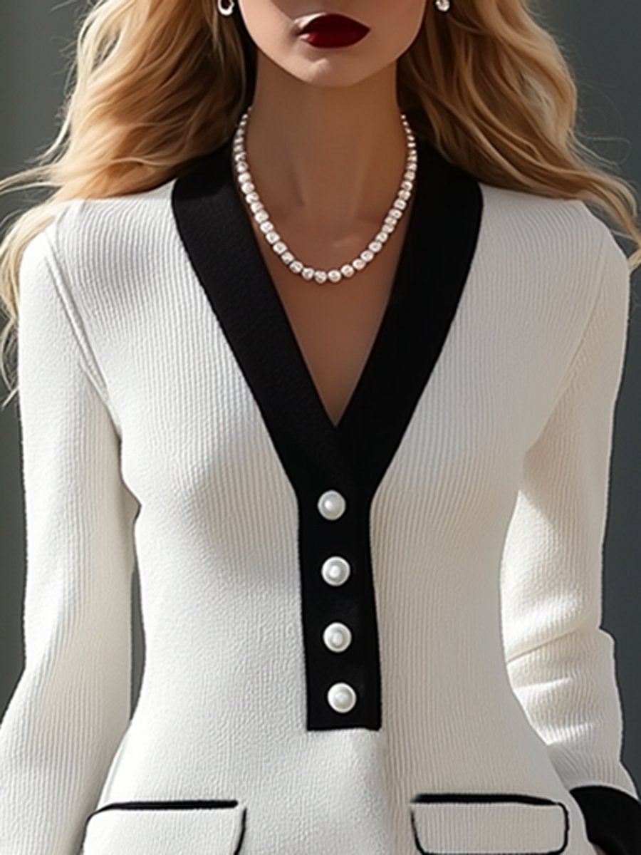 【24-hour shipping】High-End And Elegant Black Edge White Knitted Midi Dress