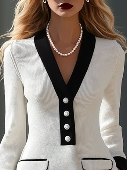 【24-hour shipping】High-End And Elegant Black Edge White Knitted Midi Dress