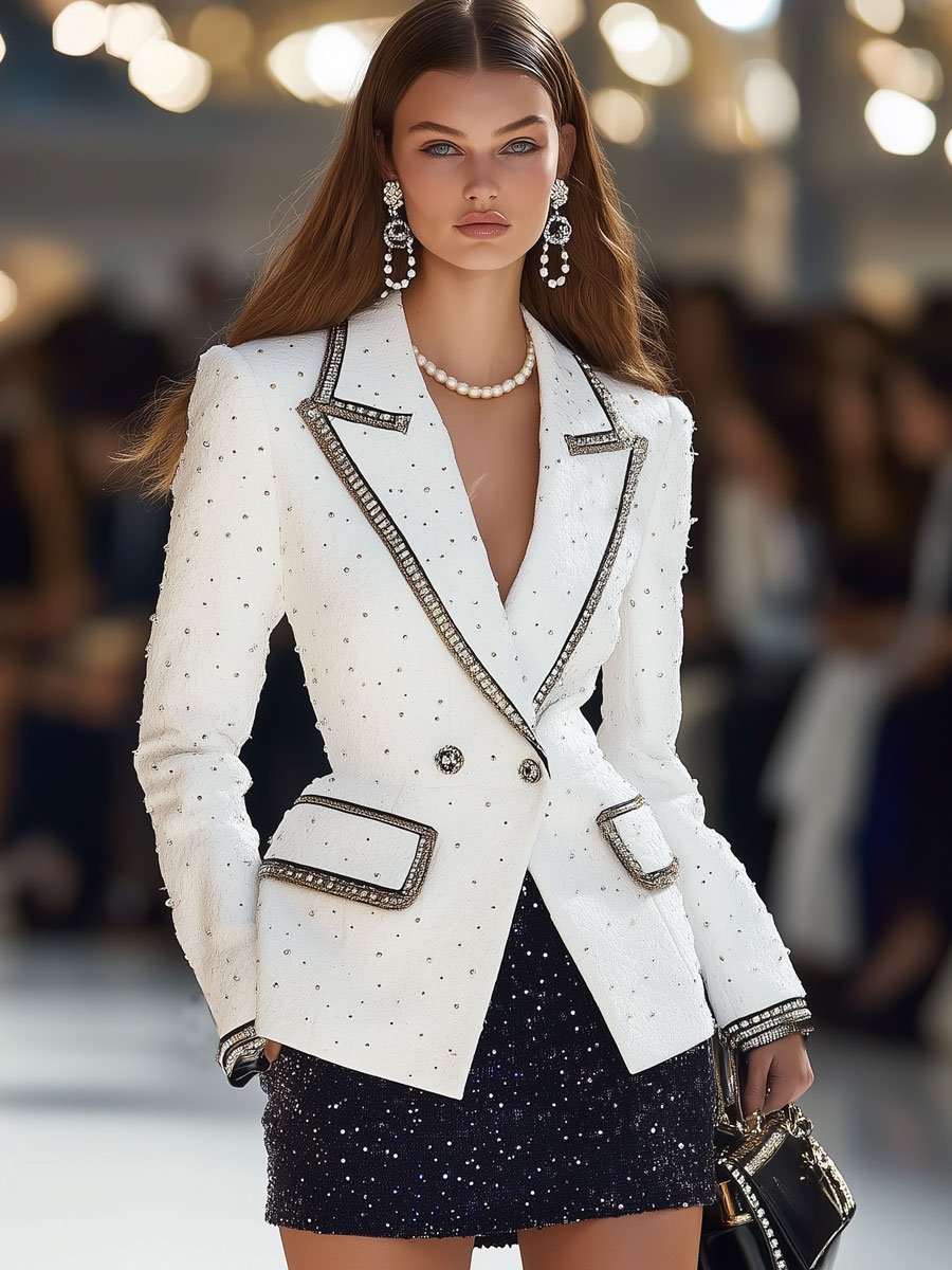 Casual Loose Retro White Jacquard Silver Silk Texture Blazer