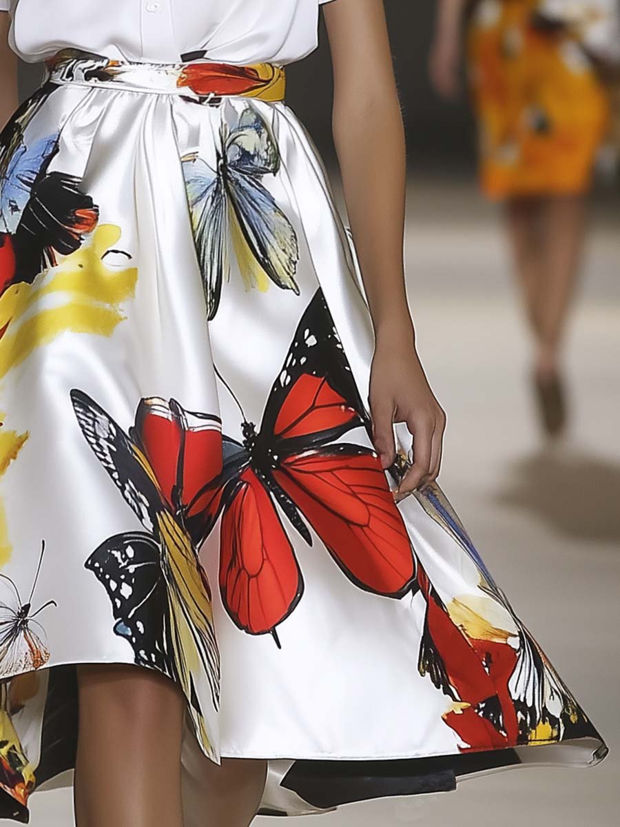 Elegant A-line Lucky Butterfly Print White Skirt