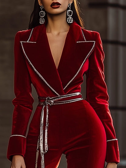 High-End And Fashionable Red Velvet Jumpsuit With Silver Trim