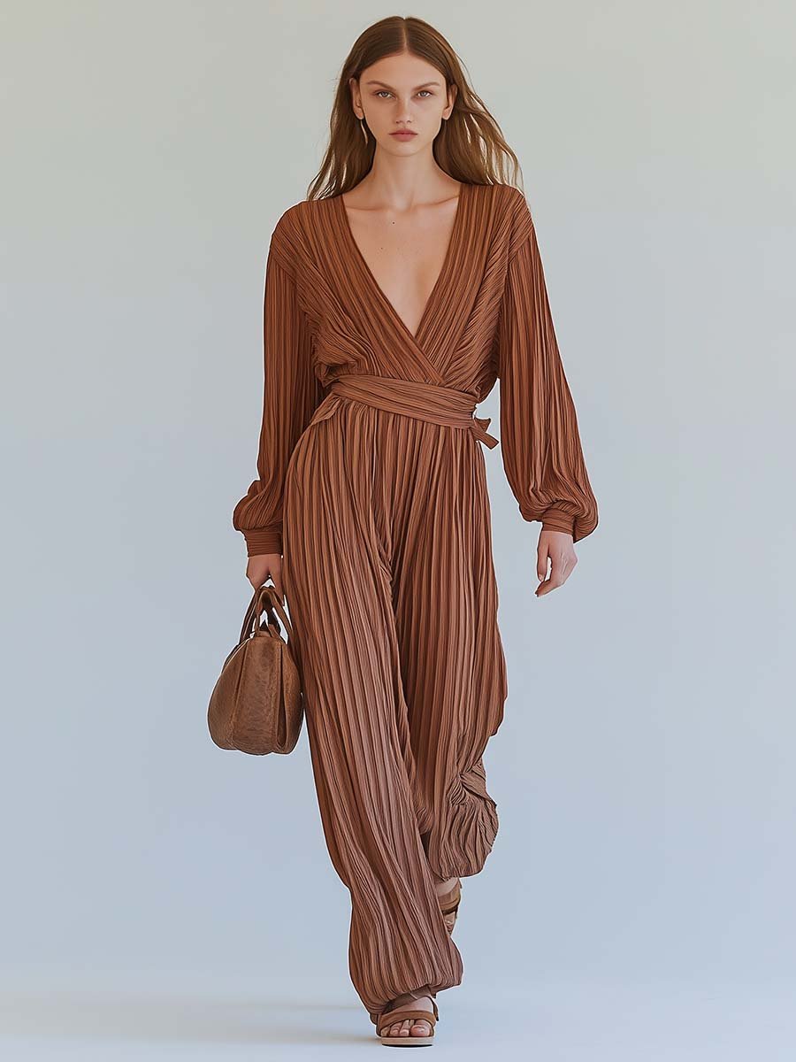 Casual Fashion V-neck Brown Striped Pleated Jumpsuit