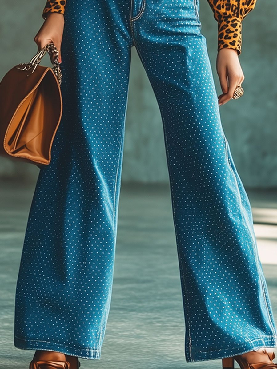 Relaxed Fit Vintage Polka Dot Print Jeans