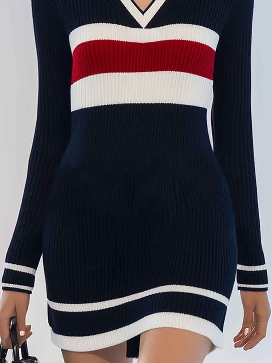 Elegant V-neck Slim Fit Navy Blue Contrast Stripe Knitted Mini Dress