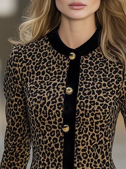 High-End Retro Luxury Chanel Style Contrast Lapel Leopard Velvet Dress