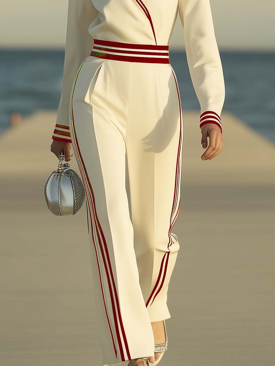 Elegant and Fashionable V-neck Sailor Style Red Trim White Jumpsuit