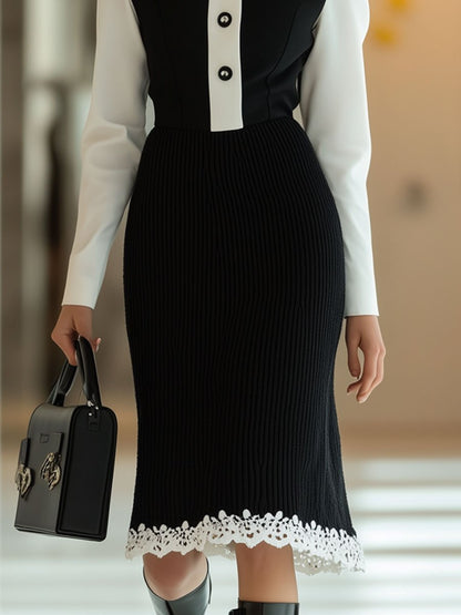 Fashionable Black And White Knitted Patchwork Long-Sleeved Mini Dress