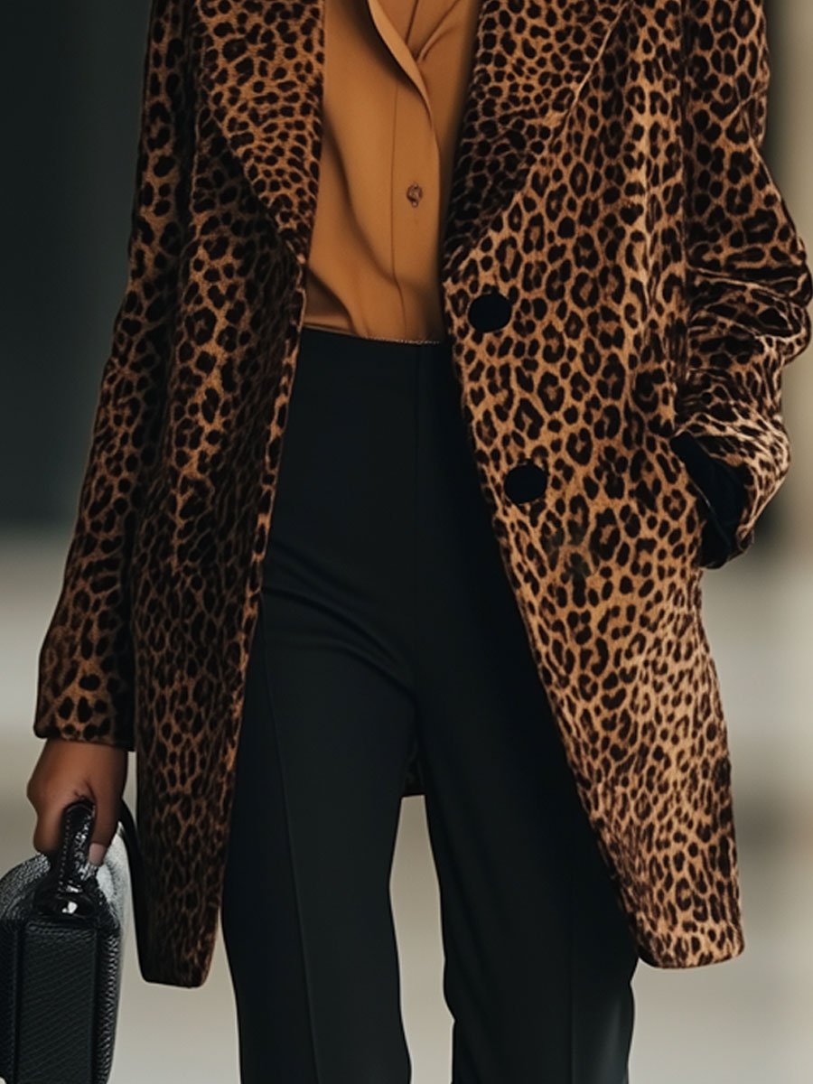 Casual Loose Retro Velvet Leopard Print Lapel Color-Blocked Mid-Length Coat