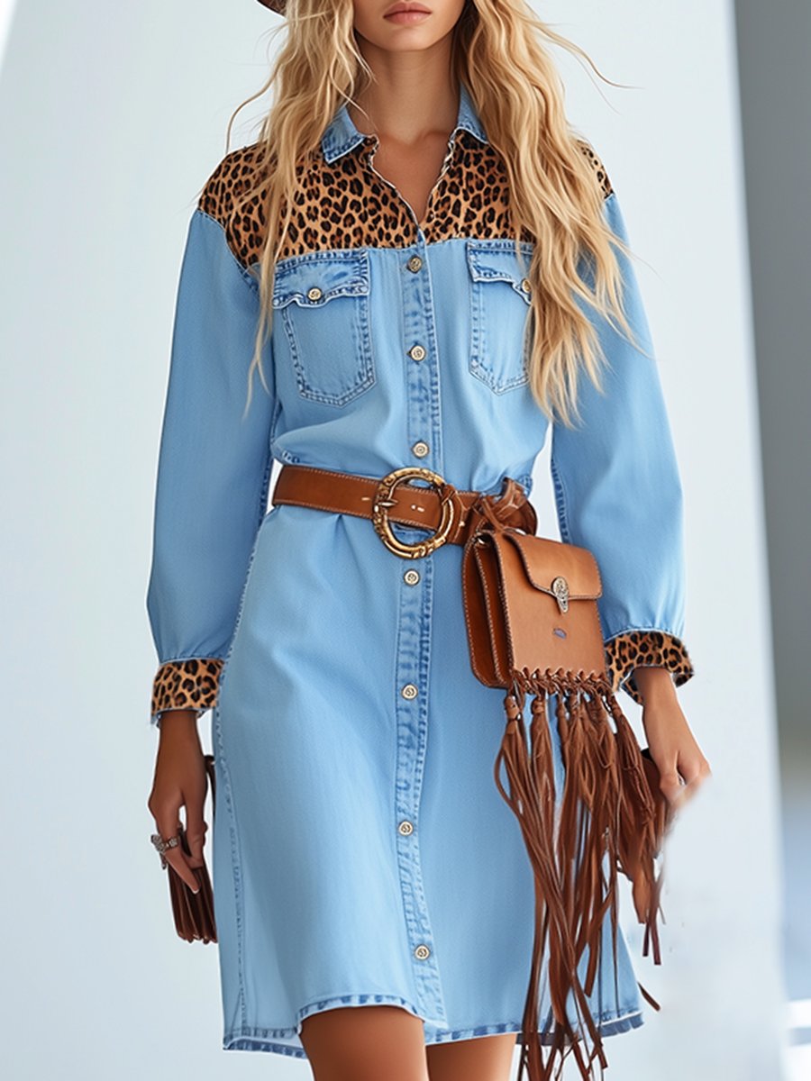 Retro Fashion Loose Leopard Print Denim Midi Dress