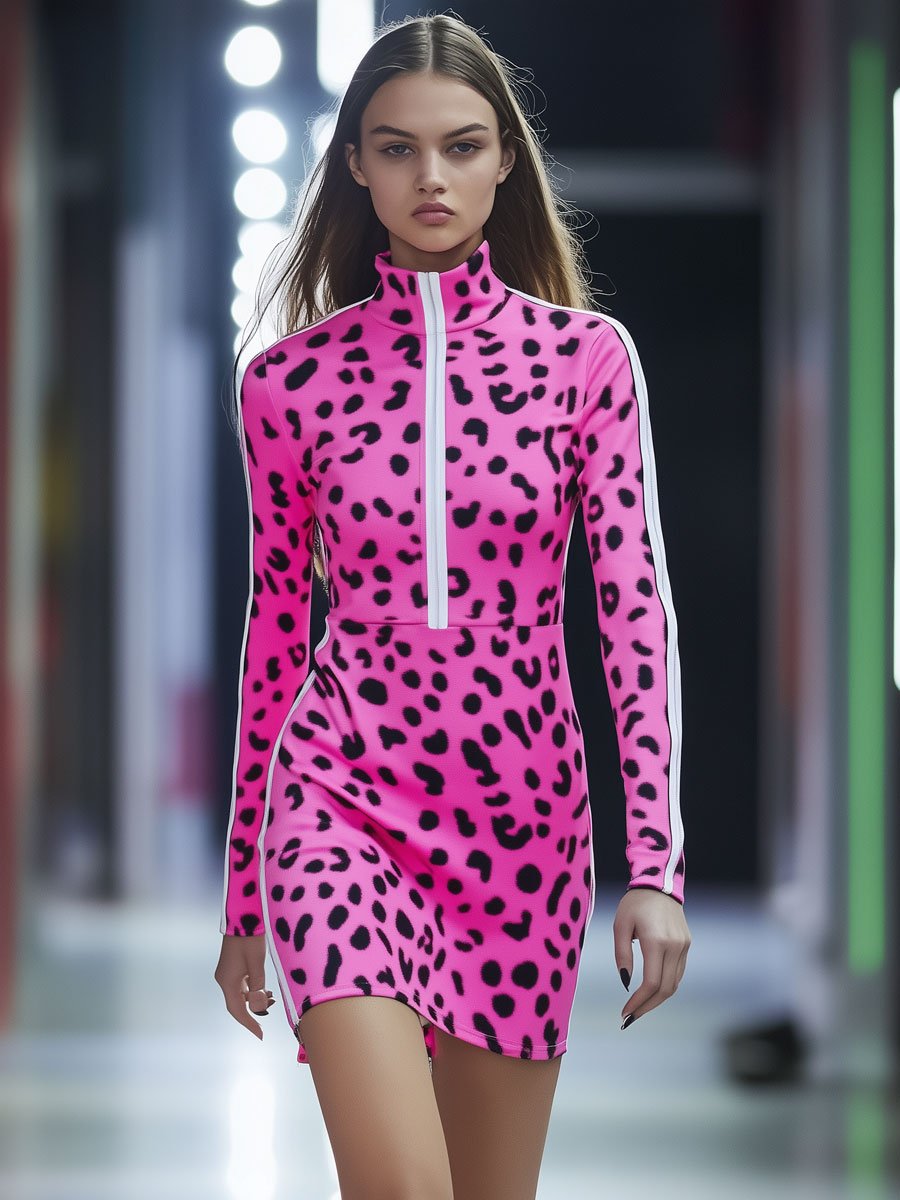 Casual White Striped Pink Leopard Print Sports Long Sleeve Mini Dress