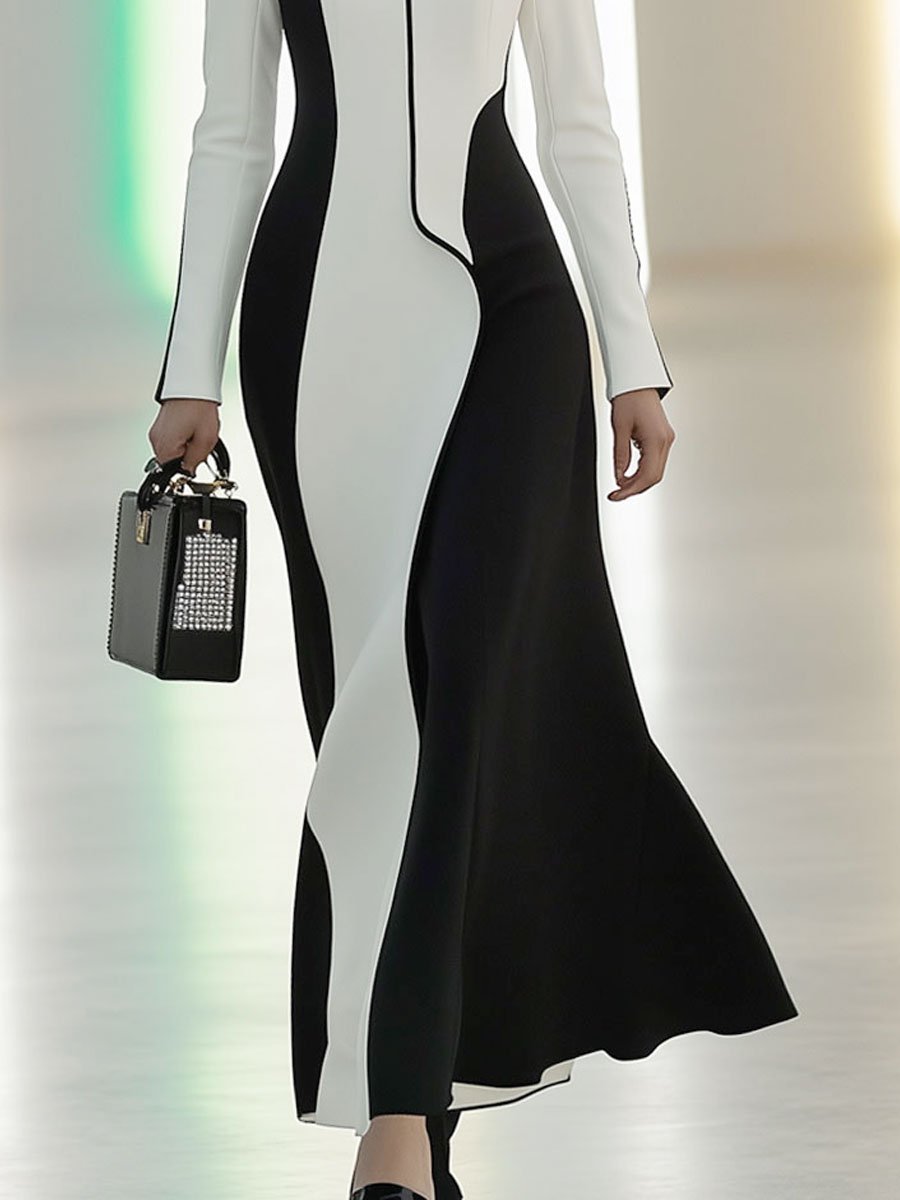 Fashion Retro Black And White Stitching Stand Collar Long Sleeve Maxi Dress