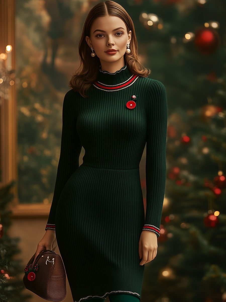 Fashion Retro Christmas Red And Green Striped Long-Sleeved Woolen Mini Dress