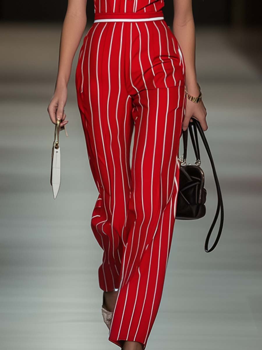 Elegant and Stylish Sleeveless Striped Red Jumpsuit