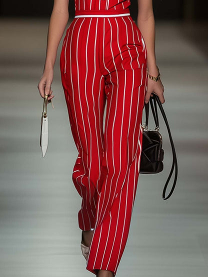 Elegant and Stylish Sleeveless Striped Red Jumpsuit