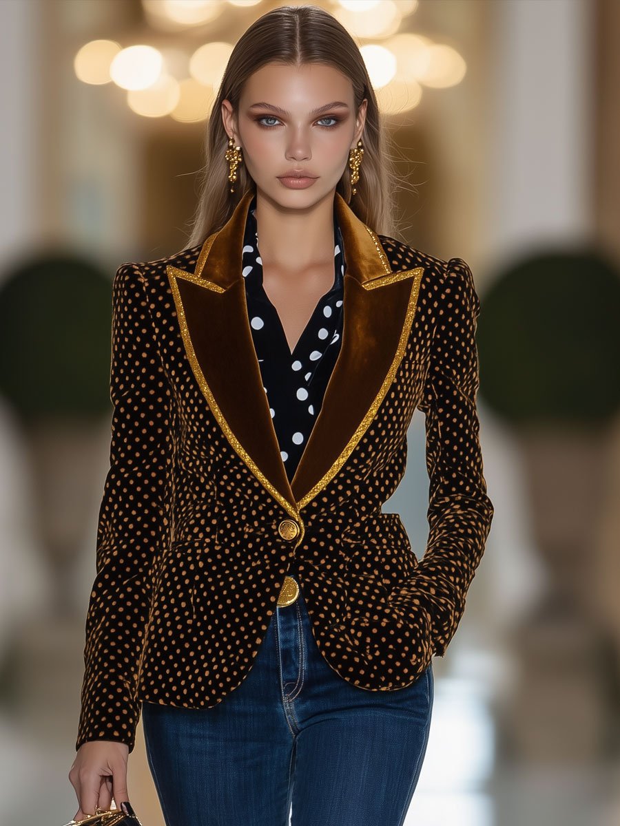 Casual Loose Retro Velvet Polka Dot Gold Edge Lapel Blazer