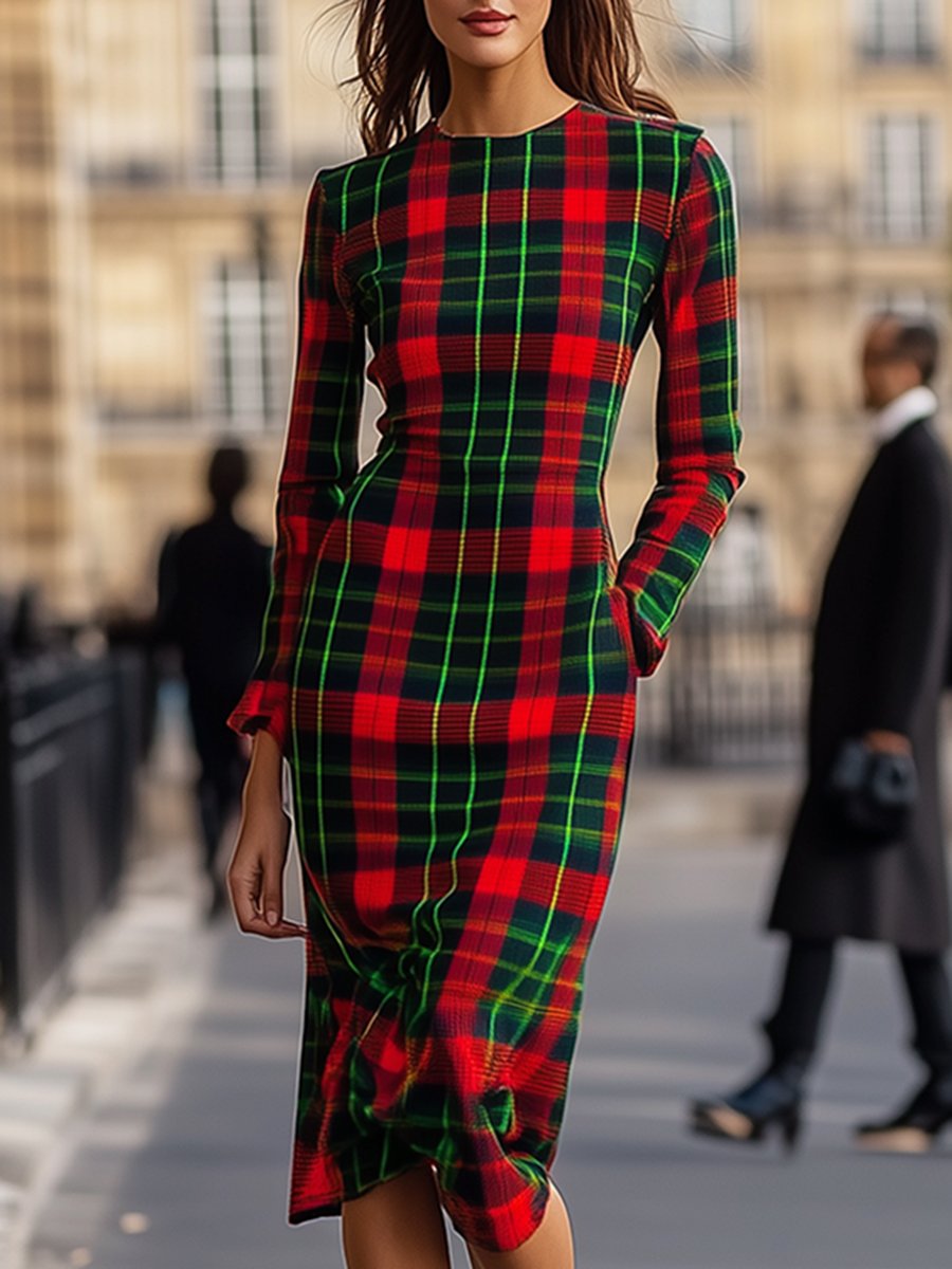 Retro And Fashionable High-End Color Matching Round Neck Red And Green Plaid Dress