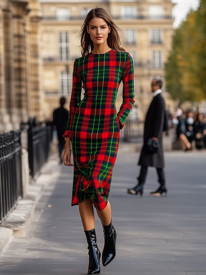 Retro And Fashionable High-End Color Matching Round Neck Red And Green Plaid Dress