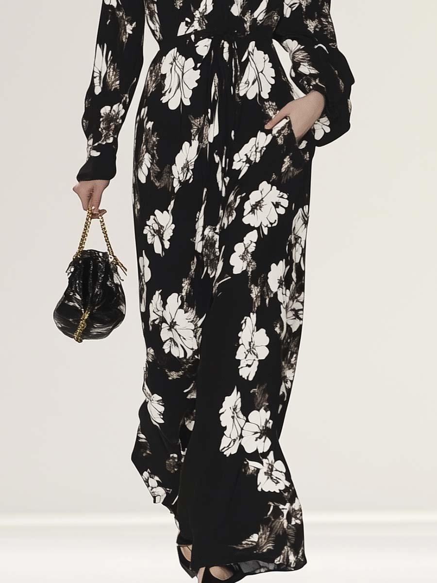 Elegant and Comfortable V-neck Black and White Flower Pattern Jumpsuit