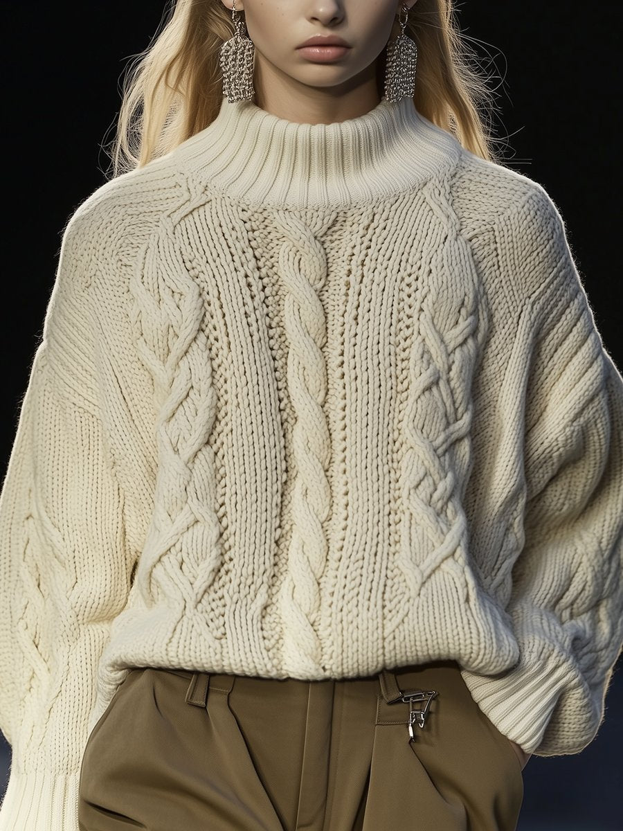 Retro Lazy Style Loose Casual Cable Knit Turtleneck Sweater