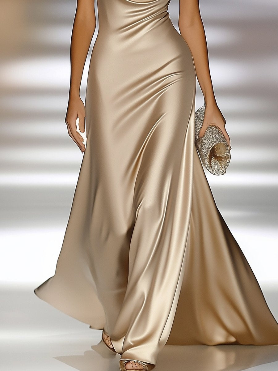 Elegant and Luxurious Cowl-neck Champagne Gold Satin Maxi Dress